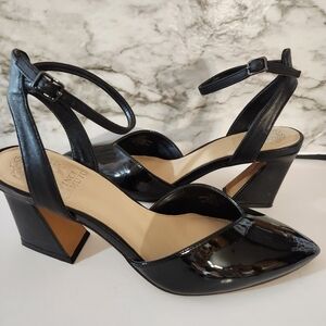 Vince Camuto Black Slingback Heels with Ankle Closure Patent Faux Leather